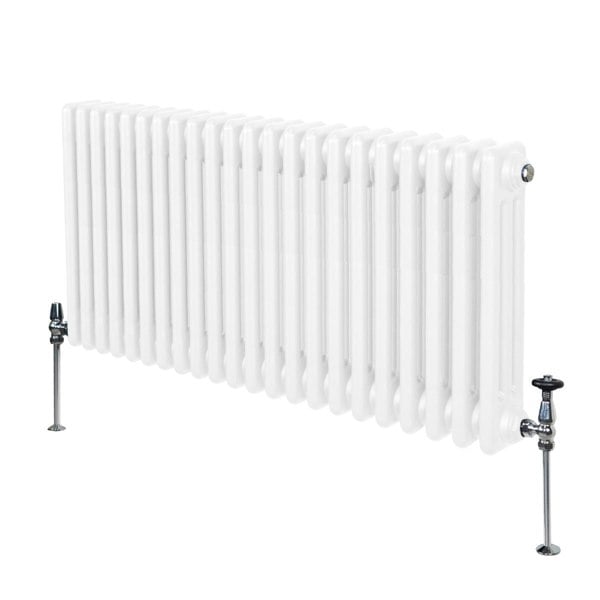 Traditional 3 column radiator in white, 600 x 1012mm, featuring a smooth, glossy finish and sturdy metal construction with visible valves