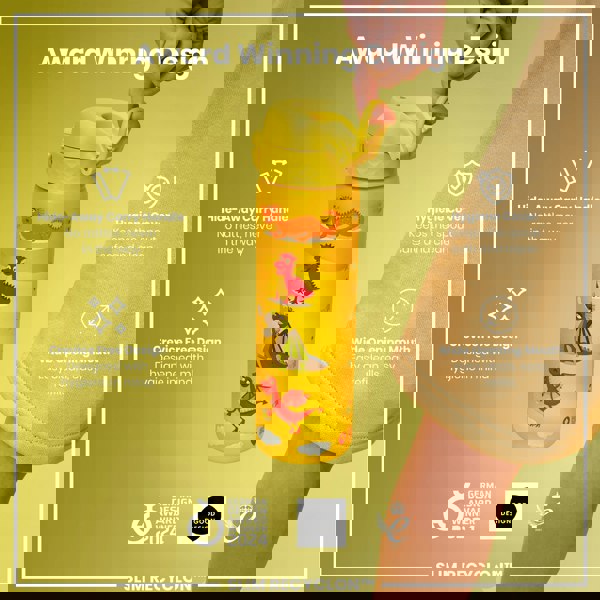 A yellow children's water bottle, being held, features a dragon design; it has a hide-away handle and a wide mouth for easy cleaning and refilling. The bottle is award-winning and boasts a crevice-free, hygienic design.