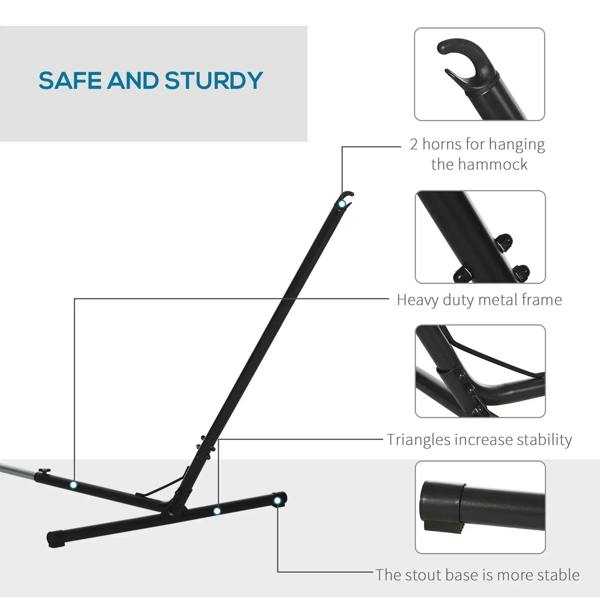 Black heavy-duty metal hammock stand frame with stable base and mounting points.