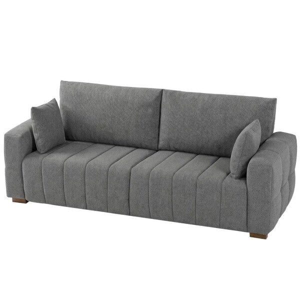3 Seater Sofa, Upholstered Velvet Couch for Bedroom with Pillows, Padded Cushion and Wood Legs, Grey