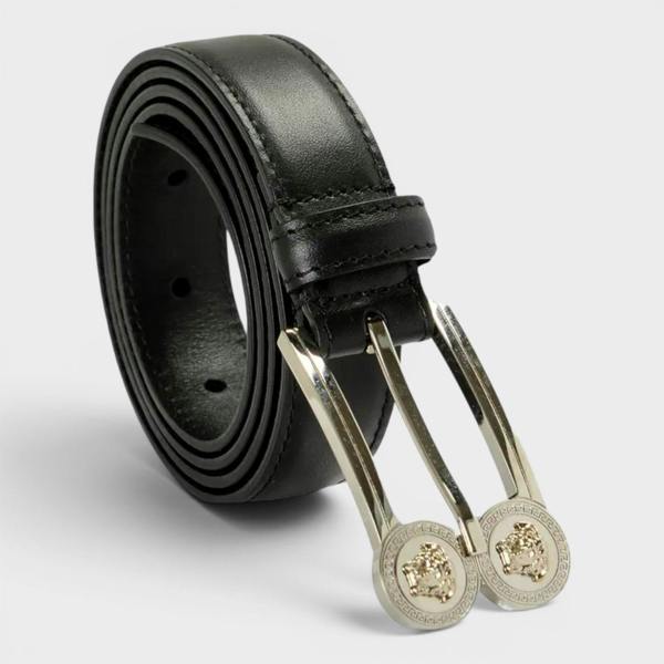 Versace Logo Belt Calf Leather Black Silver