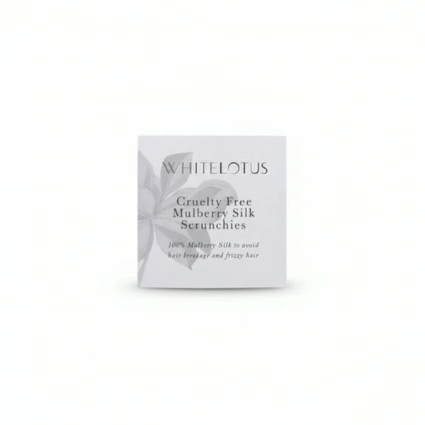 Close up mulberry silk scrunchie packaging