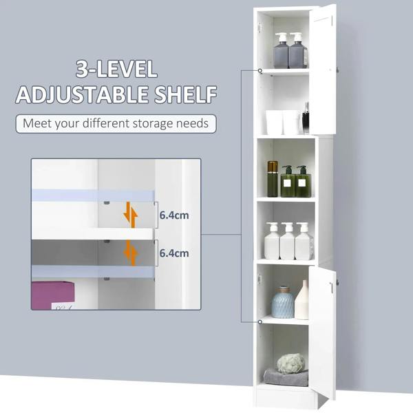 White tall cabinet interior showing three adjustable shelf levels for organized storage