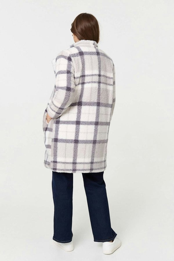 Grey | Checked Teddy Fur Thigh Length Jacket
