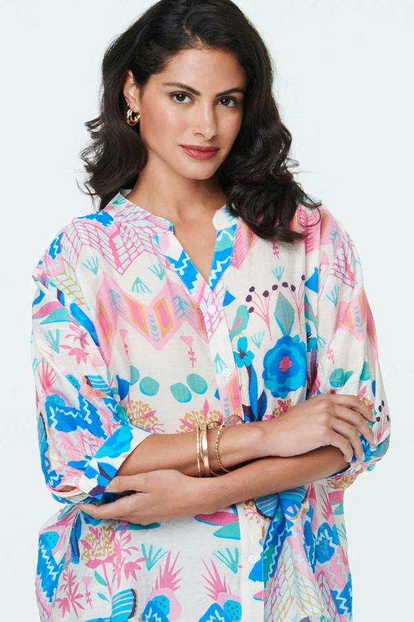 White | Abstract 3/4 Sleeve Relaxed Curve Shirt