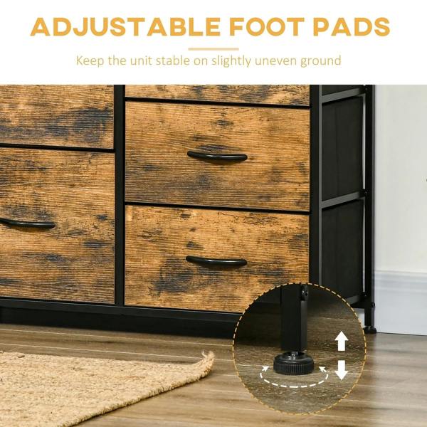 Industrial dresser on adjustable foot pads, rustic brown lower drawers and black metal base