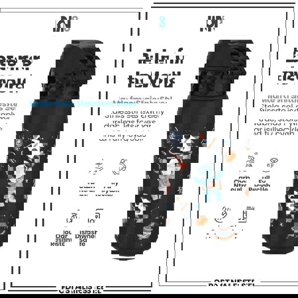 A black stainless steel water bottle, featuring a space theme, sits on a white background. It is advertised as durable, recyclable, and dishwasher safe. "Better for the World," "ION8," and "POD STAINLESS STEEL" are also present.