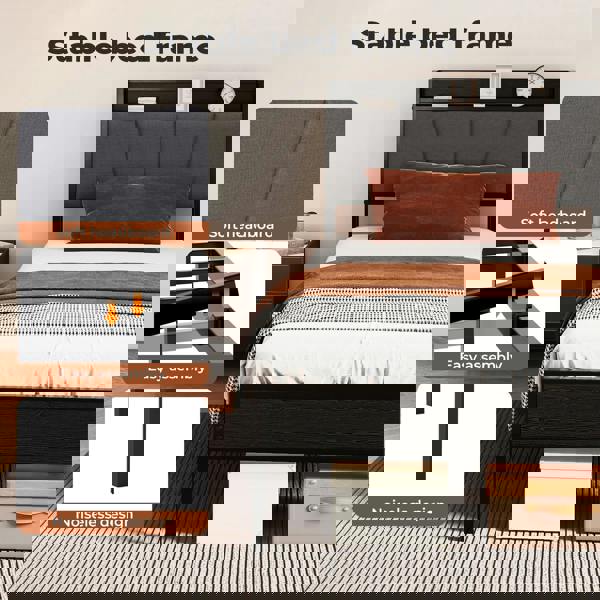 Levede Single Bed Frame Metal Platform Linen Upholstered Headboard with Storage