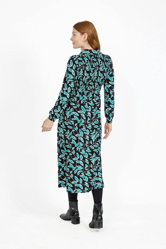 Mudflower Leaf Print Soft Touch Shirred Bodice Button-Up Midi Dress