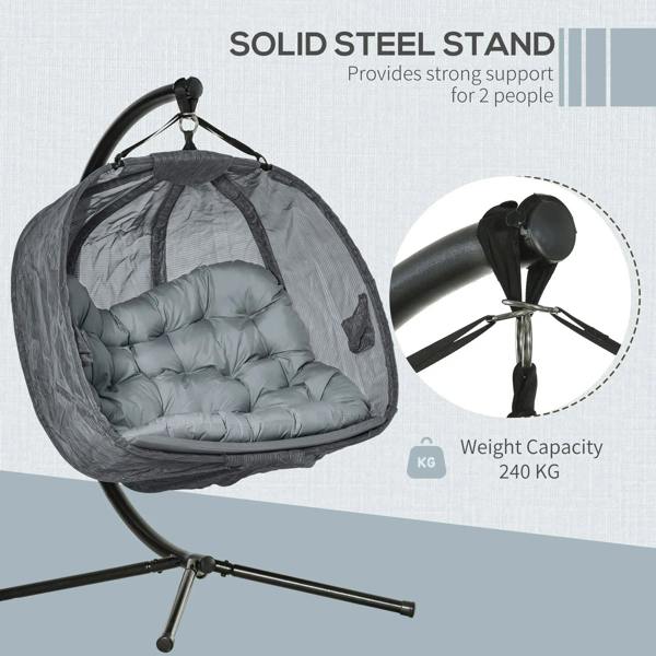 Grey double hanging egg chair with sturdy steel stand and padded two-seat cushion