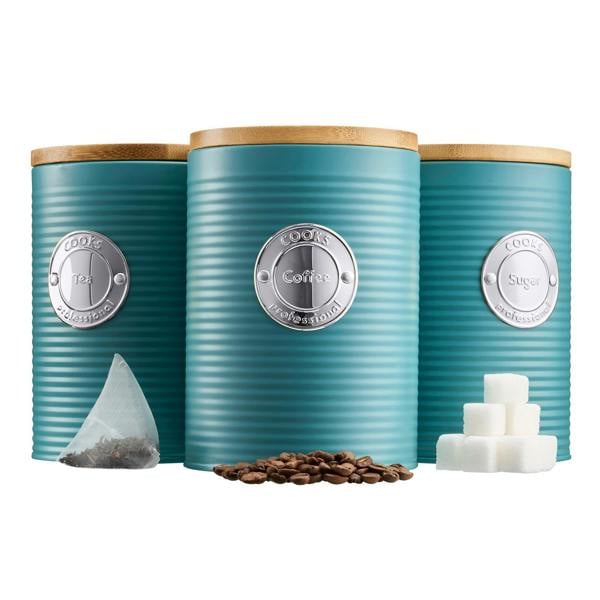 Cooks Professional 3 Piece Kitchen Storage Set with Bamboo Lids | Teal / Silver