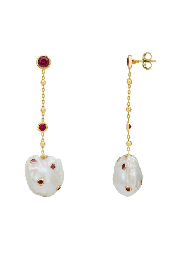 Latelita Polka Dot Baroque Pearl Chain Drop Earrings Gold Ruby