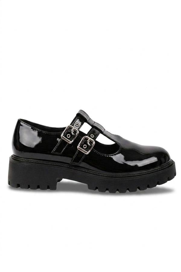 Pearl Chunky Sole Double Buckle Shoes - Black_wb