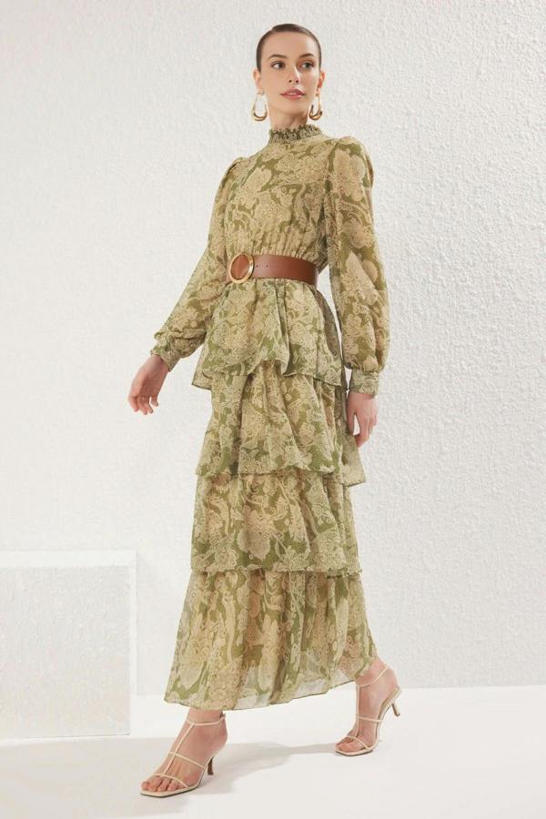 WOVCOR Stand Collar Patterned Lined Chiffon Woven Dress with Belt