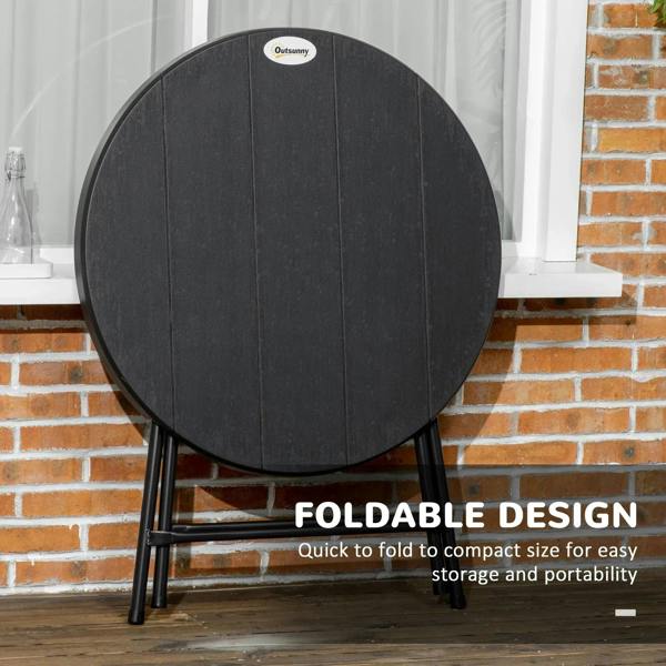Round dark grey folding garden table with black steel frame and compact tabletop