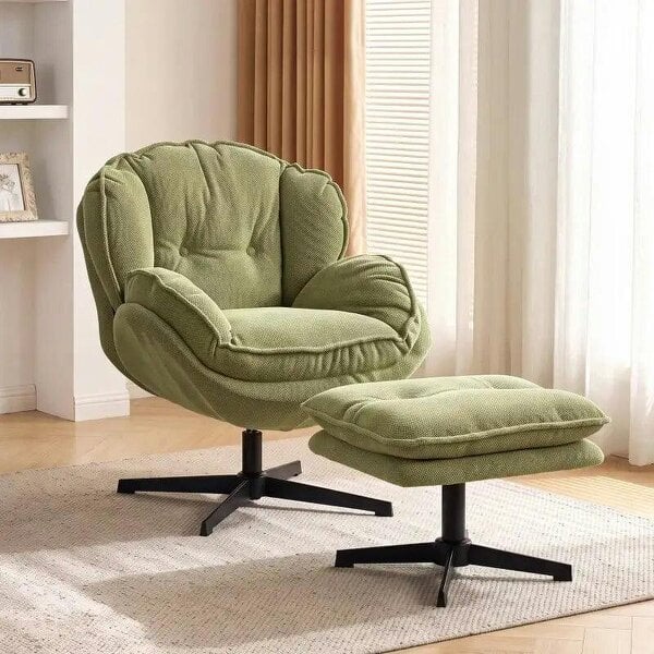 Armchair with Adjustable Footstool, 360-Degree Swivel Chenille Cloud Accent Chair with Thick Cushion, Steel Base, Green - Green