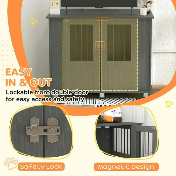 Grey dog crate table with lockable double front doors and magnetic door design.