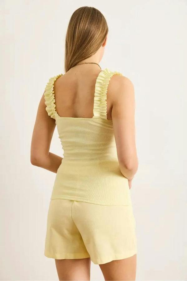Hoxton Gal Ruffled Strap Stretch Ribbed Blouse