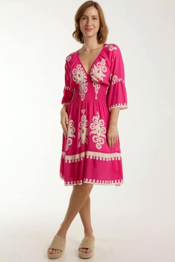 Hoxton Gal Relaxed Fit 3/4 Sleeves V Neck Printed Knee Lenght Dress in Pink