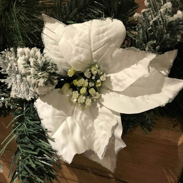 Samuel Alexander 1.8M (6ft) White Poinsettia Christmas Garland Silver Balls Glitter Snow Flocked