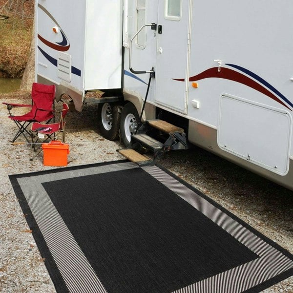 Outdoor Black Bordered Rug Weather resistant, Durable.