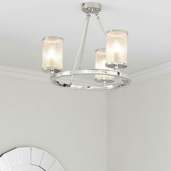 3 Light Chandelier Pendant Nickel Ribbed Glass Shade Hanging Ceiling Lamp Holder Loops