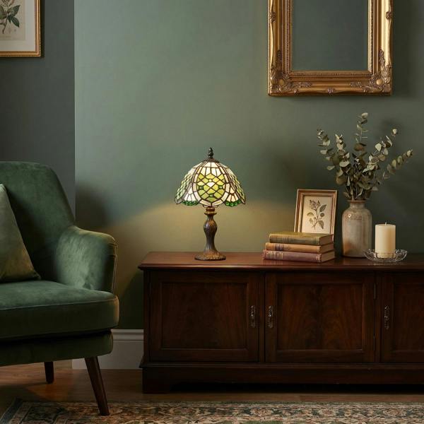 Classic Hand Crafted Round Beaded Tiffany Table Lamp in Toned Green Image 6