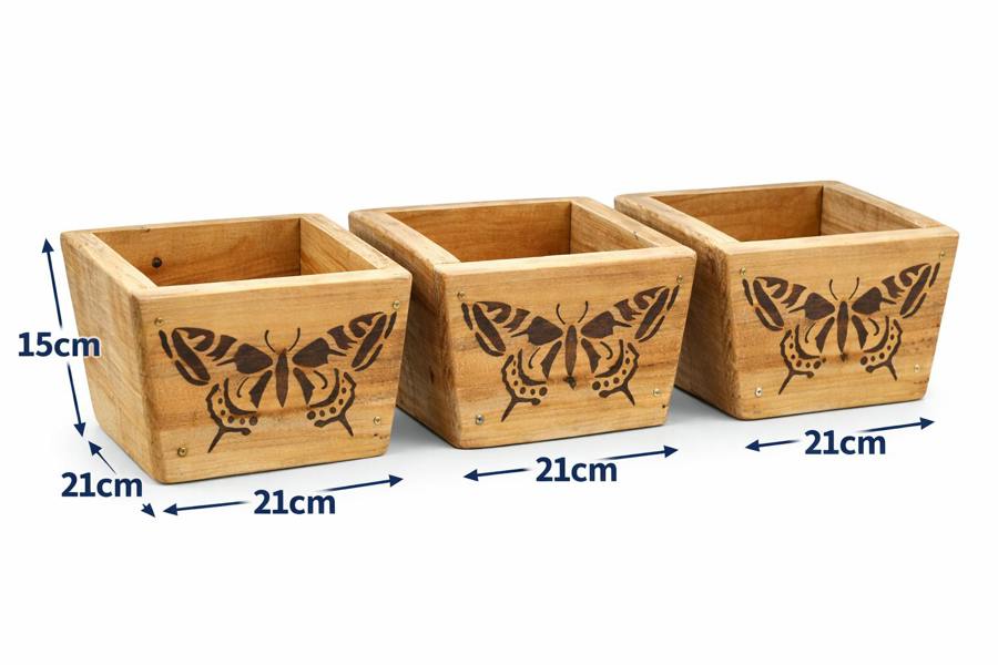 Dimensions of upcycled wooden garden pots showing height and width