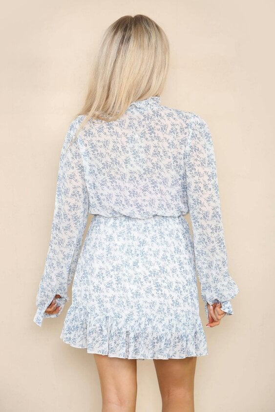 Elaina Fashion White Blue Floral Print Smock Mini Dress