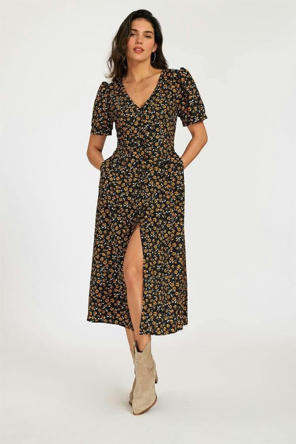 FS Collection Floral Print Button Front Puff Sleeve Midi Dress In Black