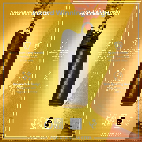 A black stainless steel water bottle is being held against a yellow background. Its features include a hide-away handle, hygiene cover, and wide mouth. The bottle is an award-winning design.