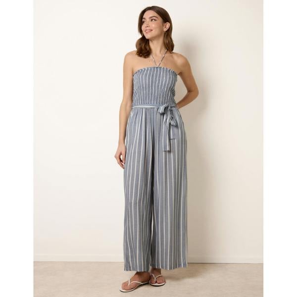 Blue Vanilla Bardot Tie Neck Pinstripe Jumpsuit