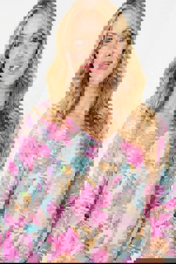 Pink | Floral Curve Hem 3/4 Flare Sleeve Blouse