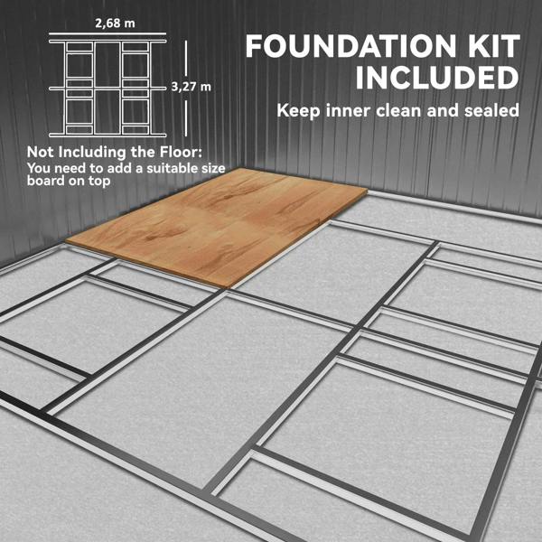 Grey metal shed foundation kit with base frame and included floor support panels