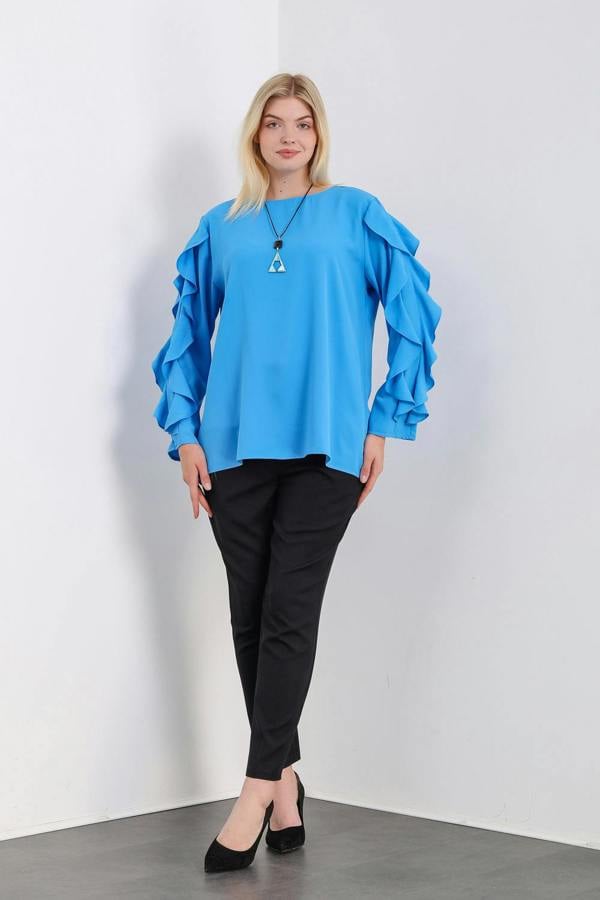 Hoxton Gal Oversized Ruffle Sleeve Relaxed Fit Top In Blue