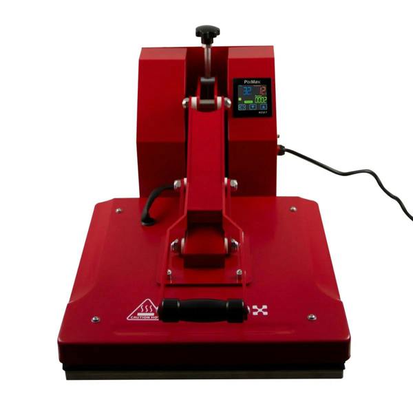 PixMax T-Shirt Sublimation Heat Press Machine in vibrant red, featuring a 38cm x 38cm clam design and digital temperature control display