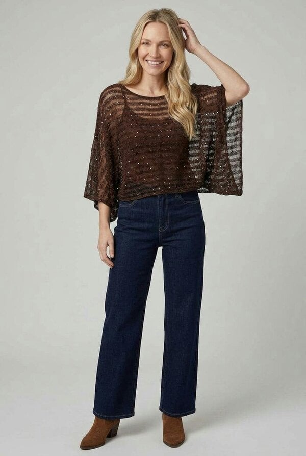 Izabel London Semi Sheer Striped Mesh Poncho Top - Brown