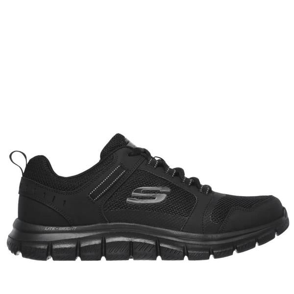Skechers Track Knockhill Mens Sports Gym Walking Lace Up Trainers, black athletic shoes with breathable mesh material and cushioned soles.