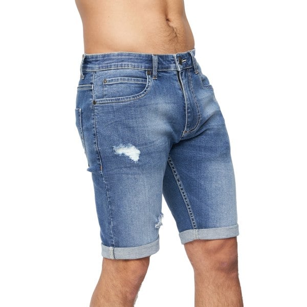 Crosshatch Mens Riptrey Abraised Denim Shorts - Mid Wash