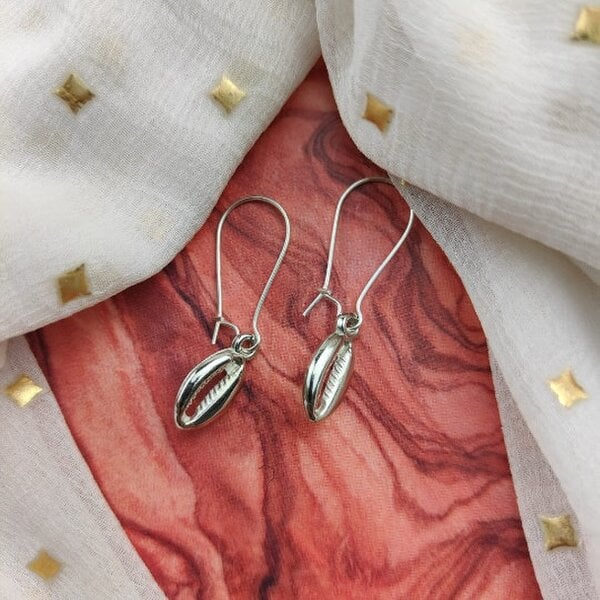 The Colourful Aura Long Silver Cowrie Sea Shell Charm Mermaid Beach Boho Dangle Dainty Earrings