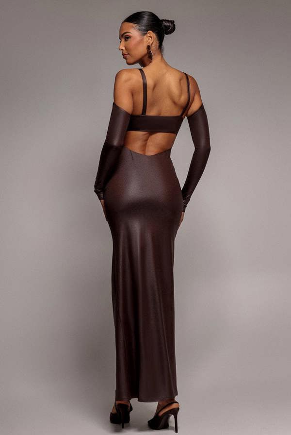 Faux Leather Cut Out Maxi Dress - Brown DR3725