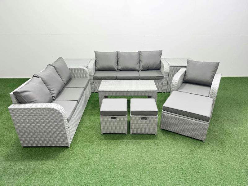 Fimous 10 Seater Rattan Lounge Set, Outdoor Furniture, Coffee Table, 2x 3 Seater Sofa, Reclining Chair, 3 Stools and 2 Side Tables, Light Grey