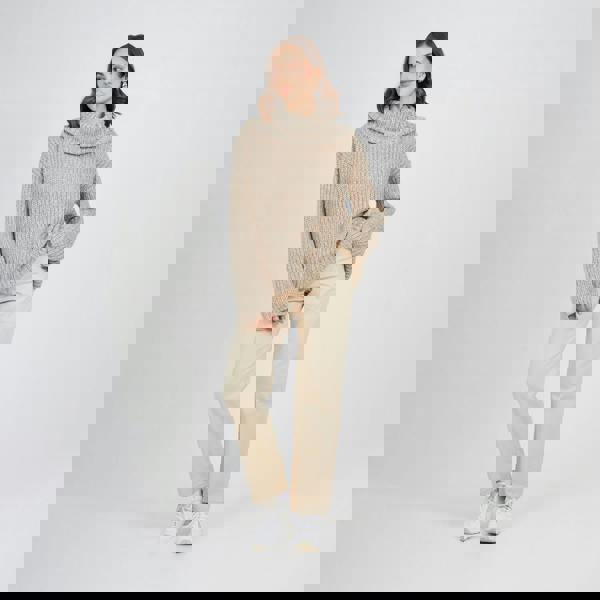 Brave Soul Stone Oversized Fisherman Knit Roll Neck Jumper - Stone Image 3