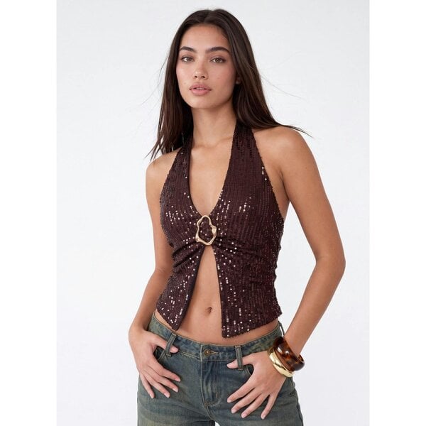 Pink Vanilla Sequin Trim Halter Top