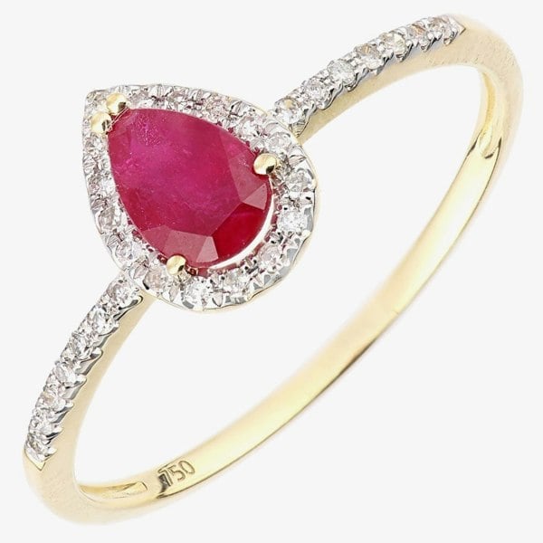 T. H. Baker 18ct Yellow Gold Pear Shaped Ruby & 0.10ct Diamond Cluster Ring DR1606Y18RU