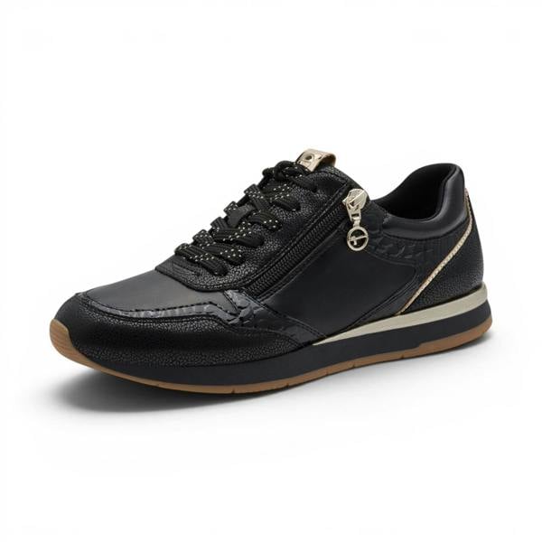 Tamaris Womens Black Faux Leather Fashion Lace Up Sneakers - 23613-46