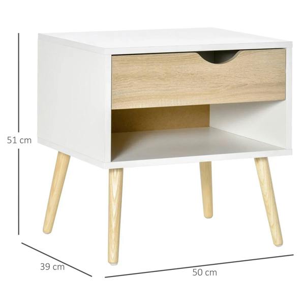 White end table with light wood drawer and open shelf, on four tapered wooden legs.