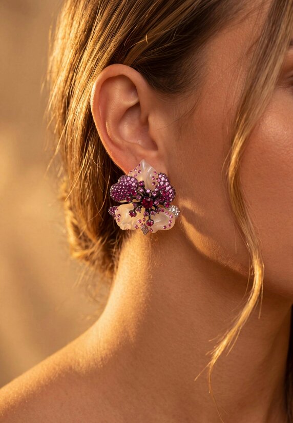 Latelita White Jade Ruby Rose Flower Stud Earrings Silver