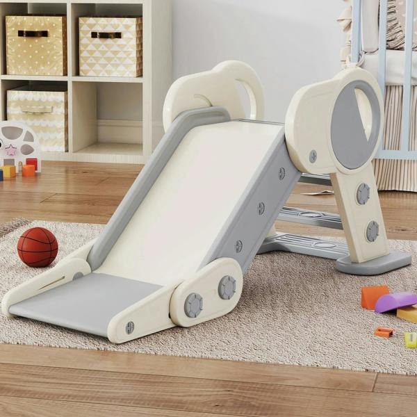 Grey and beige foldable kids slide with circular side handles and standing base