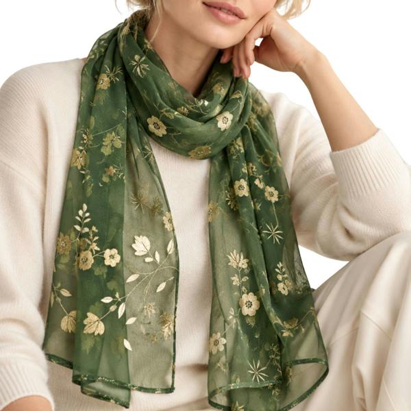Love EMVY Ladies Sheer Floral Scarf with Gold Effect Print 180 x 70cm - Green